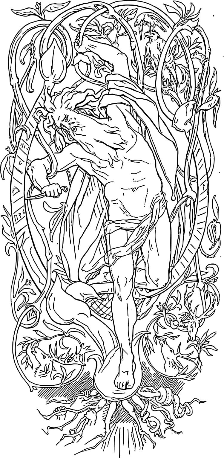 世界樹ユグドラシルに自らを吊るすオーディン