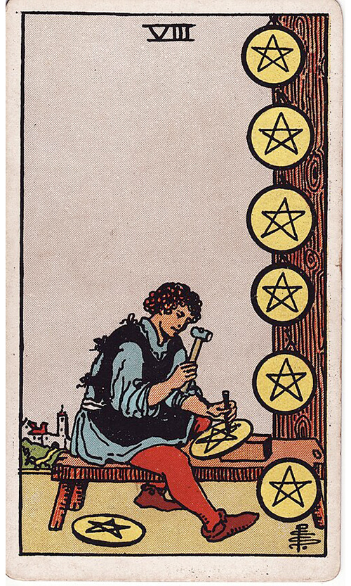タロットカード ペンタクルの8（Eight of Pentacles）の絵柄