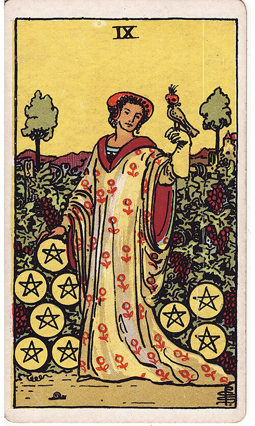 タロットカード ペンタクルの9（Nine of Pentacles）の絵柄