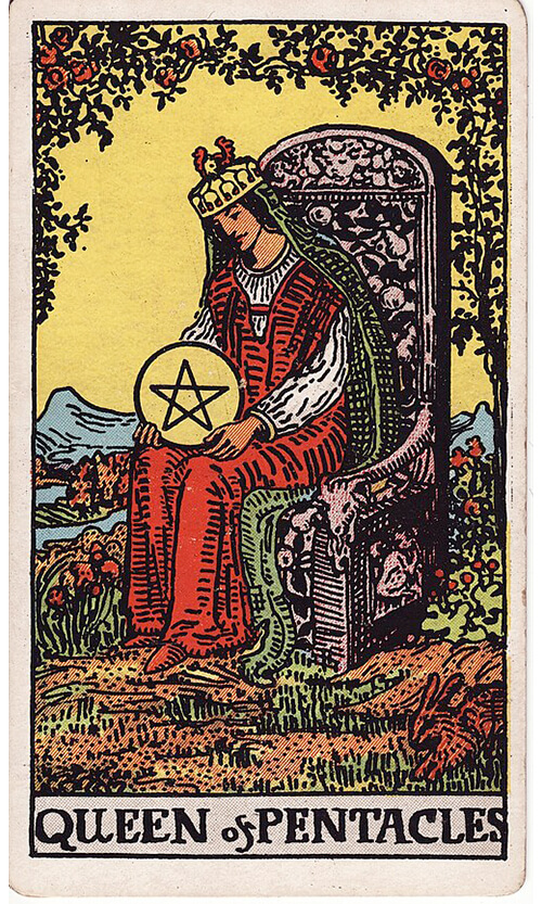 タロットカード ペンタクルのクイーン（Queen of Pentacles）の絵柄
