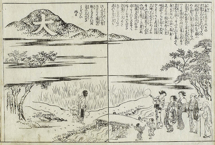 1786年の『都名所図会』に描かれた大文字山と、その景色を眺める人々。