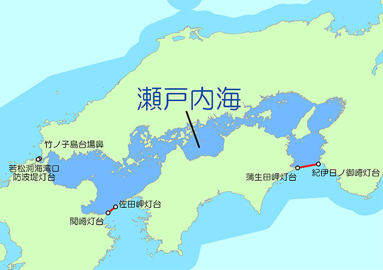 本州・四国・九州に囲まれた瀬戸内海と周辺海域との境界図。